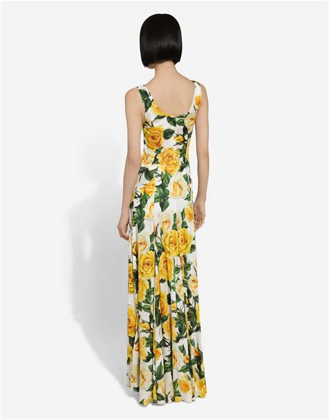 Long organzine round-neck dress with yellow rose print in Print for ...