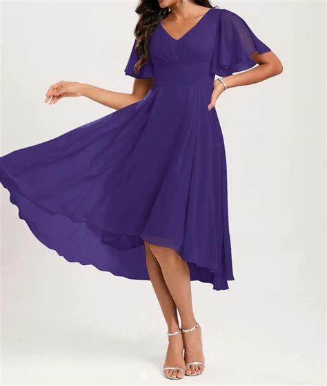Purple Midi V Neck Dress with Umbrella Sleeves