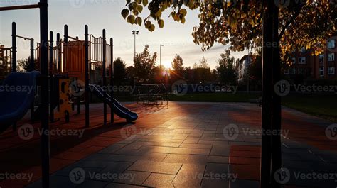 playground at sunset with slides and play structures, casting long ...