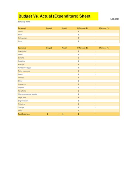 Excel Template for Budget Vs. Actual Expenses Comparison Sheet