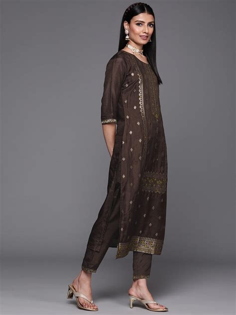 Buy Brown Self Design Silk Straight Kurta With Dupatta Online at Rs ...