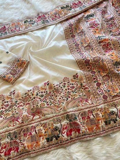 Redolent Beige Pashmina Saree With Embrocation Blouse Piece ...