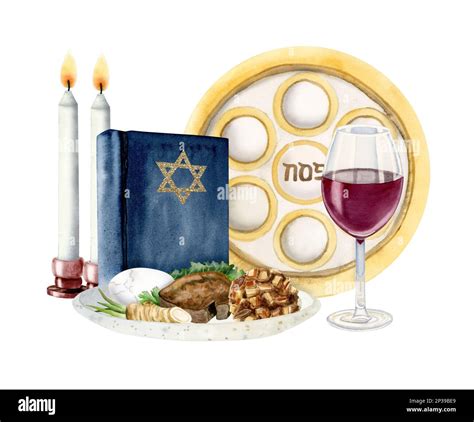 Watercolor Passover seder composition with traditional meal, red wine ...