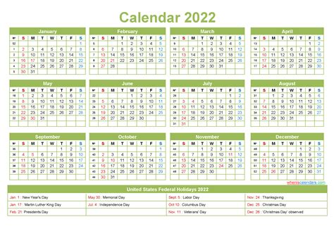 Free Yearly 2022 Calendar With Holidays Word, PDF