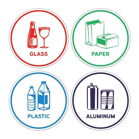 Recycling sorting sticker signs decals paper aluminum plastic glass set ...