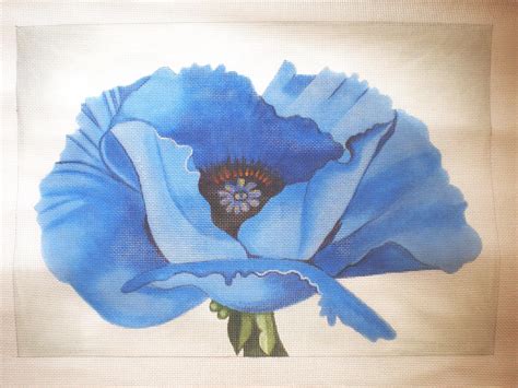Needlepoint Canvas Hand Painted 17" X 12" Blue Poppy on 14ct ...