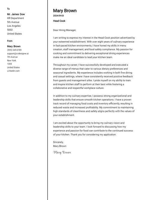 18 Cook Cover Letter Examples for 2024: Free Templates - CVDesigner.ai