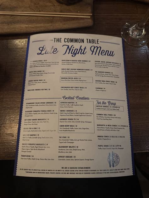 Carta del restaurante The Common Table, Frisco, Winning Dr #1005