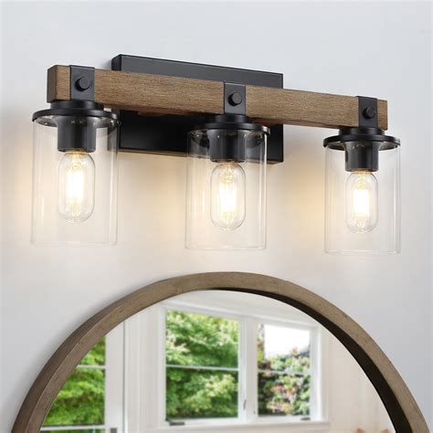 Farmhouse Wood Vanity Light, 3-Light Rustic Bathroom Light Fixtures ...