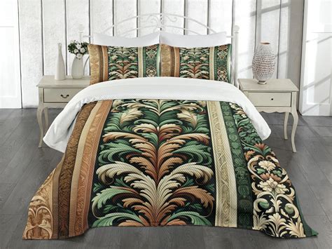 Ambesonne Green and Brown Bedspread Set Jungle Damask Leaf Emerald ...