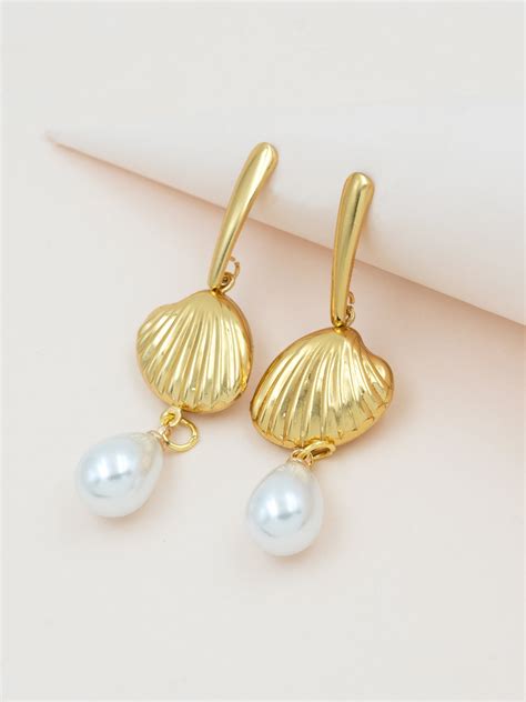 Artklim Gold plated Shell Pearl Drop Earrings, Anti Tarnish