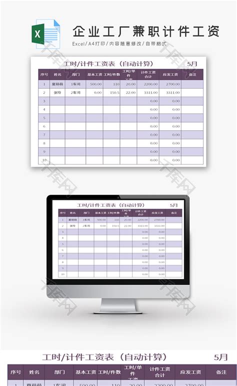 企业工厂兼职计件工资Excel模板下载-包图网
