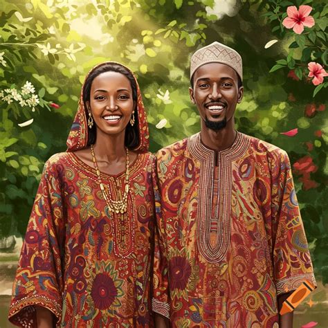 A smiling Somali couple in vibrant traditional clothing stands outdoors ...