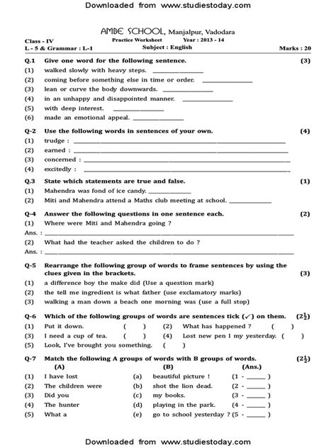Image result for Class 4th English Worksheet CBSE