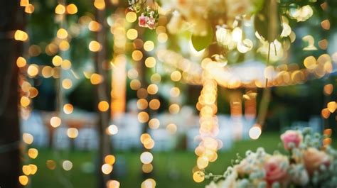A blurred image of outdoor wedding decorations with bokeh lights and ...