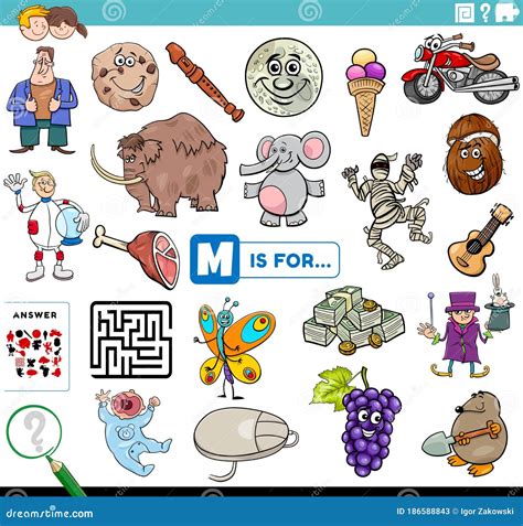 Letter M Words Educational Task for Children Stock Vector ...
