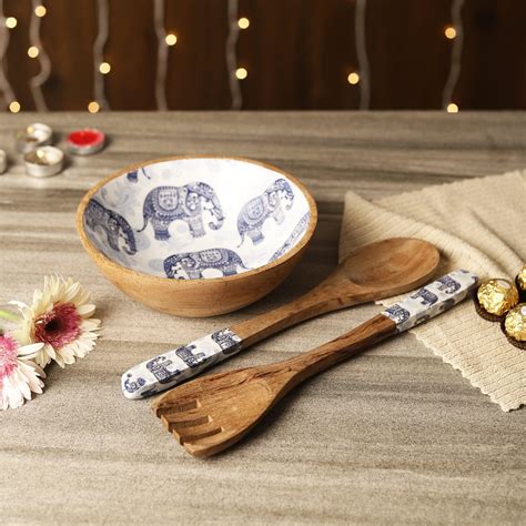 Multipurpose Wooden Bowl with Cutlery- Royal Elephant – The Decor Mart