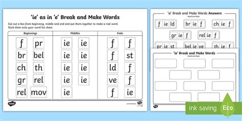 'ie' as in 'e' Sound Break and Make Worksheet (teacher made)