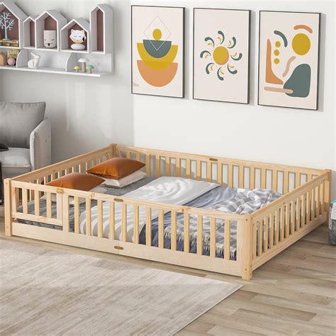 Amazon.com: Harper & Bright Designs Queen Floor Bed with Fence and Door ...