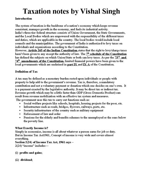 Taxation - class notes - Introduction The system of taxation is the ...