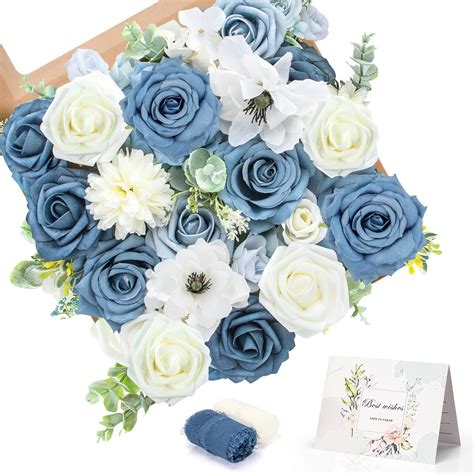 Amazon.com: BAISHUN Dusty Blue Artificial Flowers for Home Decoration ...