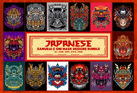 JAPANESE - Samurai & Oni Mask Designs Bundle 01 - Buytshirtdesigns
