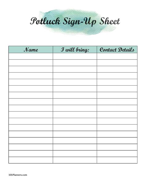 Potluck Sign Up Sheet Template