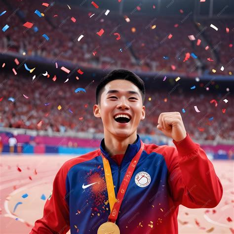 An illustration of a Chinese athlete celebrating the gold medal ...