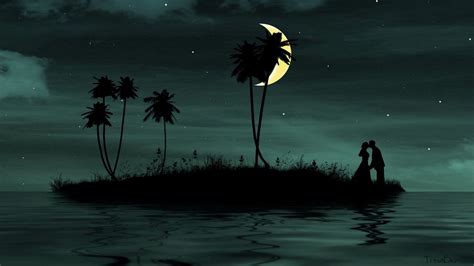 Wallpaper couple, moon, island, palm, sea hd, picture, image