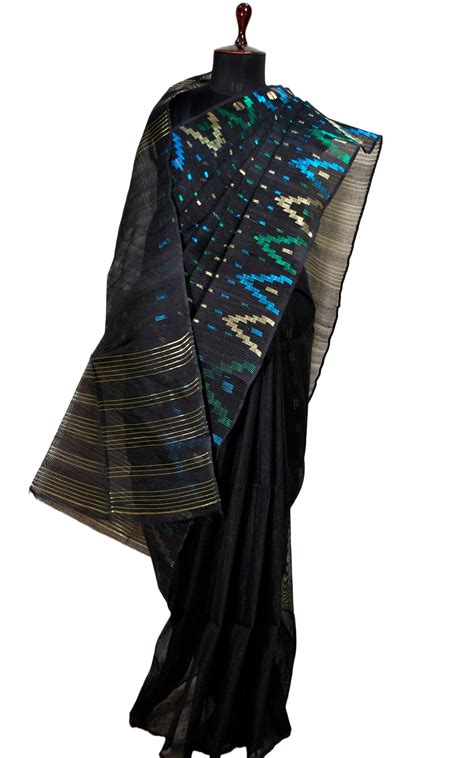 Hand Karat Work Muslin Jamdani Saree in Black and Multicolored Zari Na ...