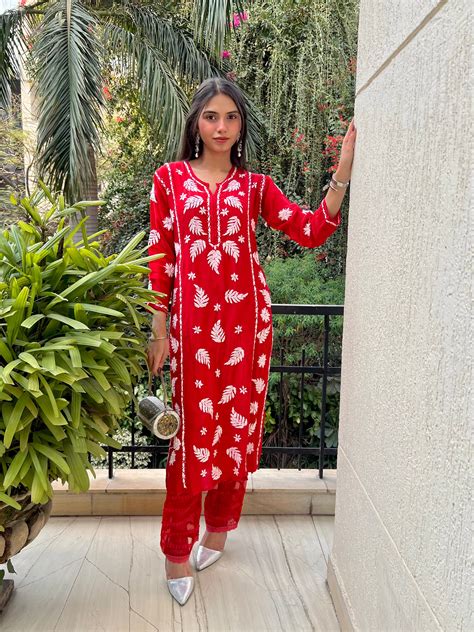 House Of Kari(Chikankari Clothing) - Chikankari Crepe Silk Kurta| Red ...