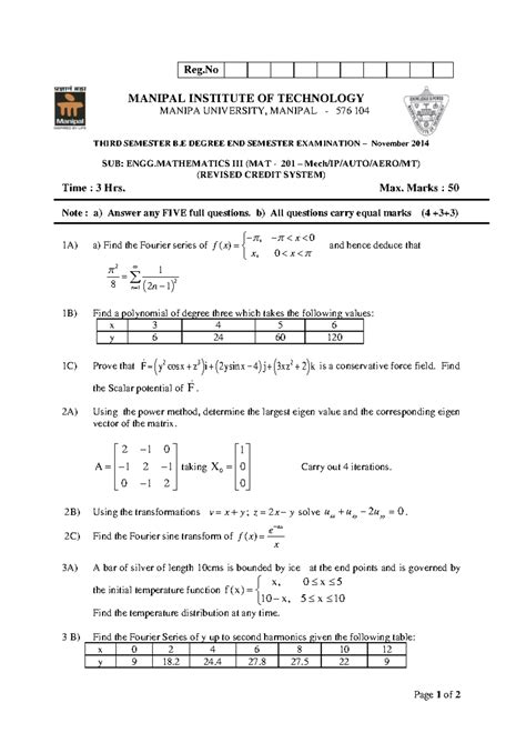 Engineering Mathematics III (MAT 201) RCS - Page 1 of 2 Reg MANIPAL ...
