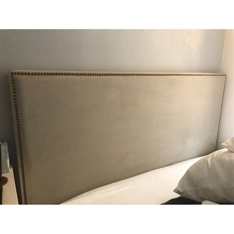 West Elm Queen Bed Frame w/ Tall Nailhead Upholstered Headboard - AptDeco