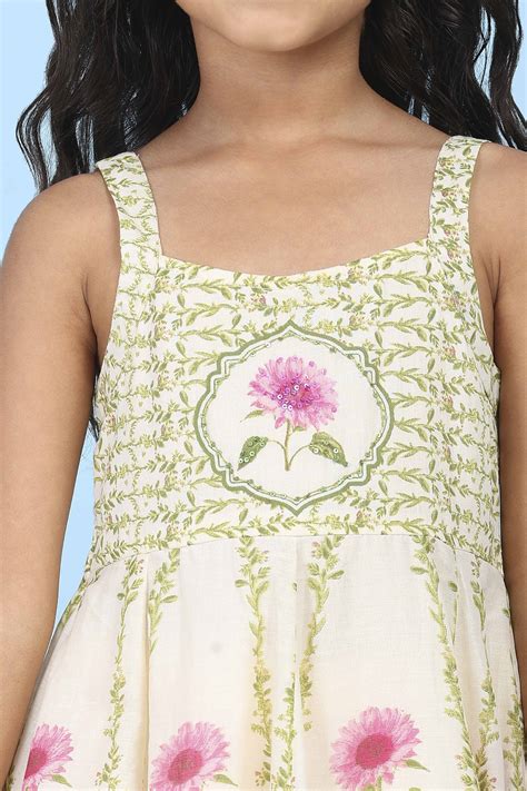 Buy Off White & Green Cotton Floral Printed Anarkali Suit Set Online at ...