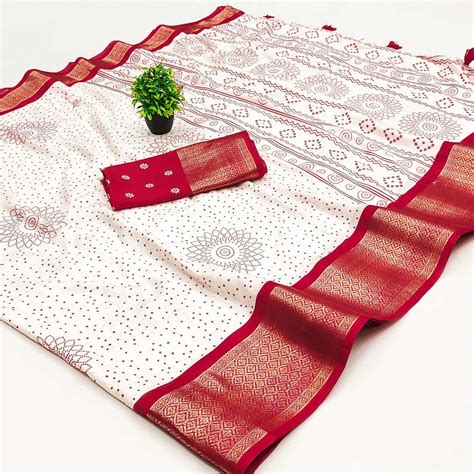 Offwhite & Red Floral Printed Dola Silk Saree With Intricate Woven Bor