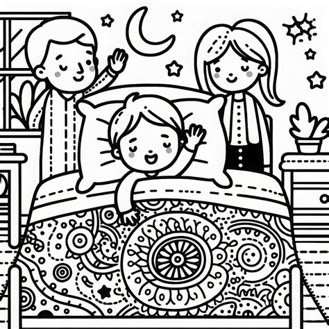 Дитина вже в ліжку і махає батькам на добраніч – Безкоштовна розмальовка