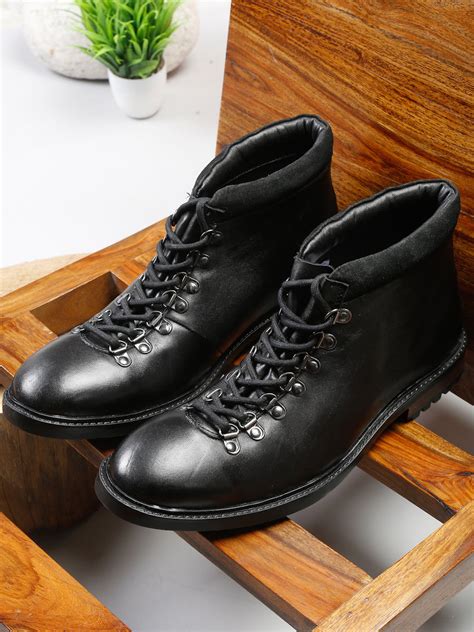 Men Black Solid Mid Top Lace-up Boots – Teakwood Leathers