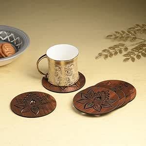 Gojeeva Premium Engineered Wood Modern Carved Pattern Coaster Set with ...