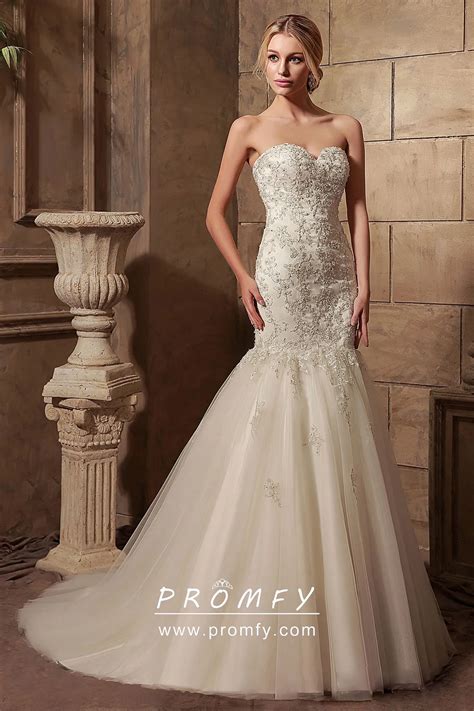 Strapless Drop Waist Beaded Trumpet Wedding Dress - Promfy