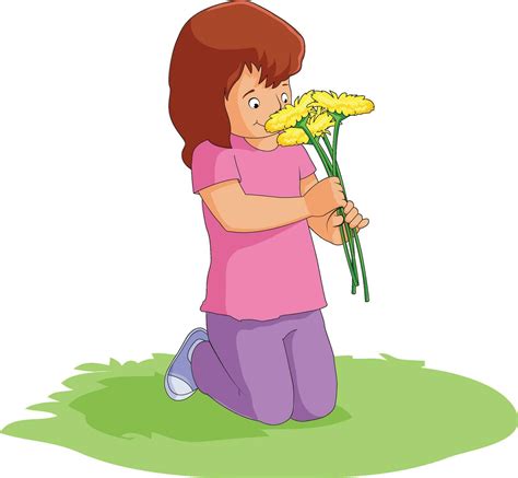 Cute girl sitting and smelling flowers 36026233 Vector Art at Vecteezy