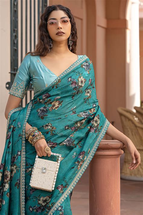 Buy Blue Green Printed Viscose Silk Saree with Lace Border Online ...