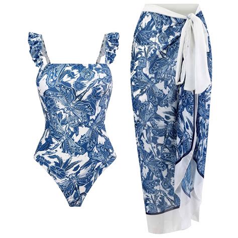 Jsaierl Women's 2 Pieces Sarong Swimsuit Set Sleeveless Floral Print ...