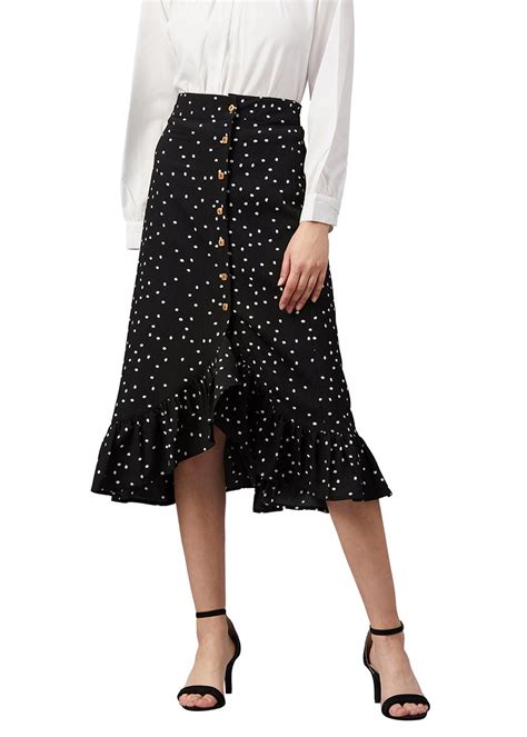 Get Black Buttoned Up Ditsy Dot Design High Low Skirt at ₹ 1199 | LBB Shop