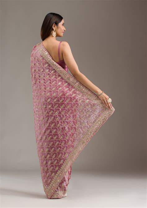 Buy Onion Pink Zariwork Tissue Saree - Koskii