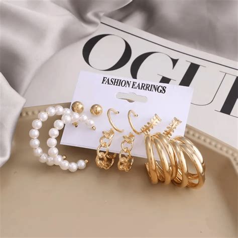 Pinapes Trendy Metal Earrings with Beads for Women & Girls (Set of 6)