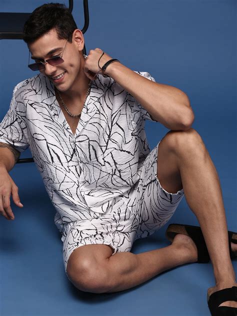 SHOWOFF Men's Printed Cuban Collar White Relaxed Fit Co-Ords Set