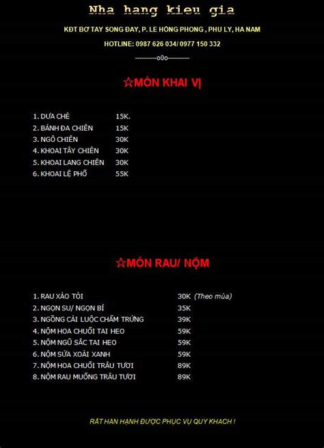 Menu at Nhà hàng Kiều Gia - KĐT bờ Tây sông Đáy, Phủ Lý, Hà Nam Phu-li ...