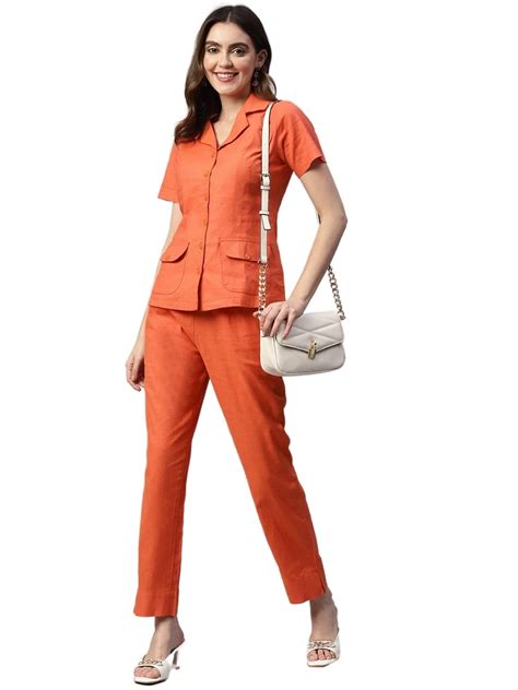 Buy Cottinfab Women Rust Self Design Cotton Co ords Shirt With Trousers ...