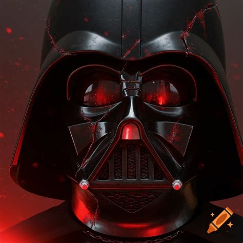 Close-up of Darth Vader's cracked helmet with glowing red eyes. on Craiyon