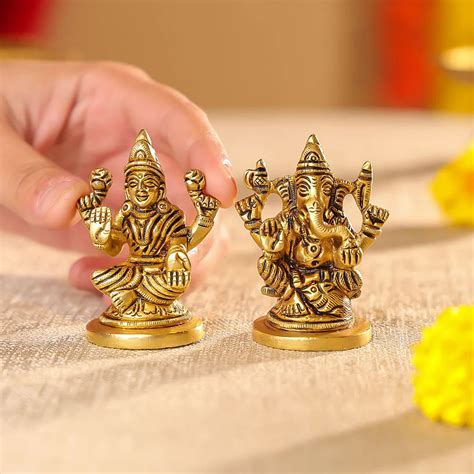 Buy 2.5" Brass Lord Ganesha & Laxmi Seated On Round Base Idol – Ethnic ...